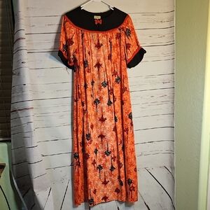 MaliHini Hawaiian Muumuu Orange Floral Print Black Trim Midi Dress M